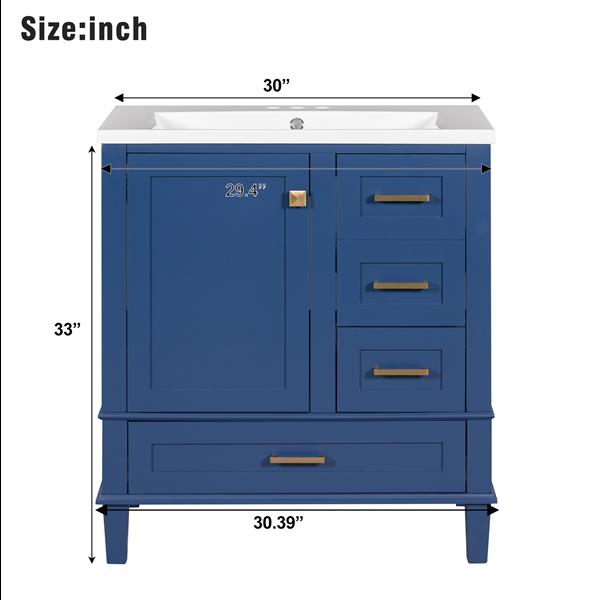 30" Bathroom Vanity , Modern Bathroom Cabinet with Sink Combo Set, Bathroom Storage Cabinet with a Soft Closing Door and 3 Drawers, Solid Wood Frame(Blue)