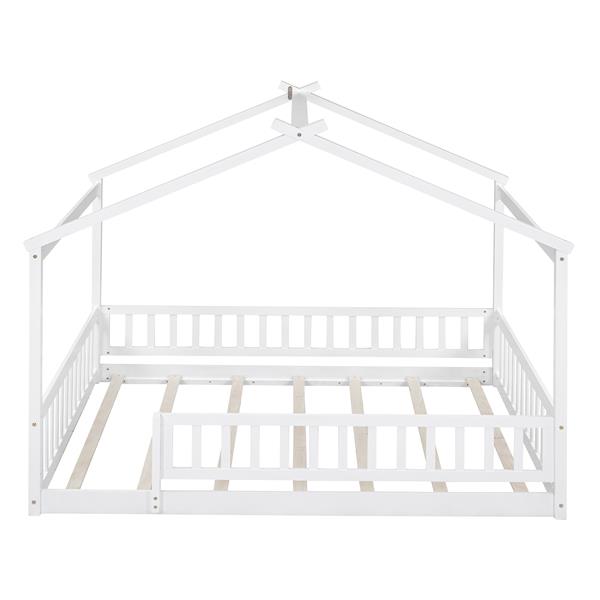 Full Size Wood Bed House Bed Frame with Fence, for Kids, Teens, Girls, Boys,White