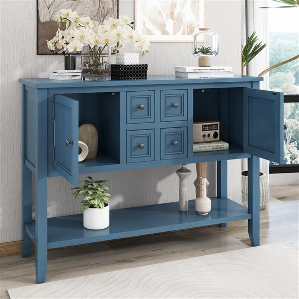 Series  Ample Storage Vintage Console Table with Four Small Drawers and Bottom Shelf for Living Rooms, Entrances and Kitchens (Light Navy