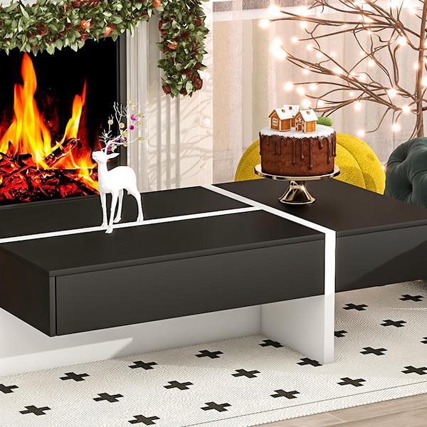 Contemporary Rectangle Design Living Room Furniture, Modern High Gloss Surface Cocktail Table, Center Table for Sofa or Upholstered Chairs, 45.2*25.5*13.7in, Black