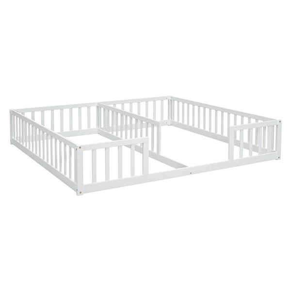 Double Twin Floor Bed with Fence, Guardrails, without door, White