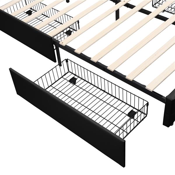 Queen Size Upholstered Platform Bed with LED Lights and USB Charging, Storage Bed with 4 Drawers, Black