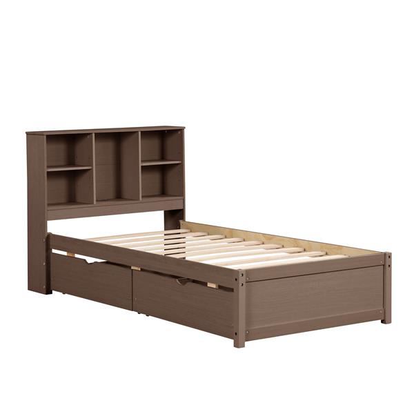 Modern Twin Size Bed Frame With Built-in USB Port on Bookcase Headboard and 2 Drawers for Walnut Color