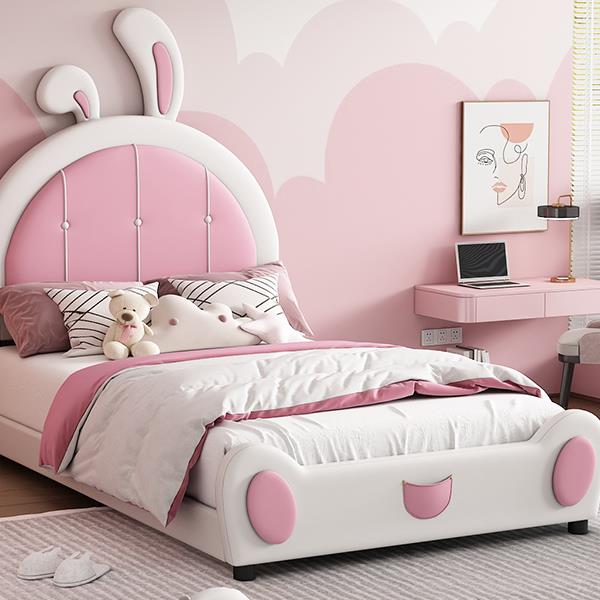 Twin Size Upholstered Platform Bed with Rabbit Shaped Headboard, White