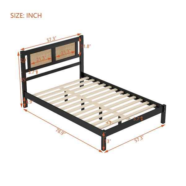 Full Size Wooden Platform Bed with Natural Rattan Headboard, Exquisite Elegance with Minimalist Charm for Bedroom, Black