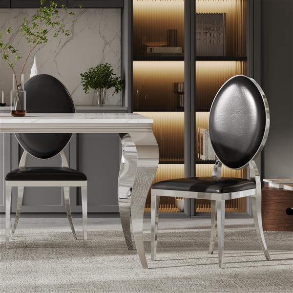 Leatherette Dining Chair Set of 2, Oval Backrest Design and Stainless Steel Legs