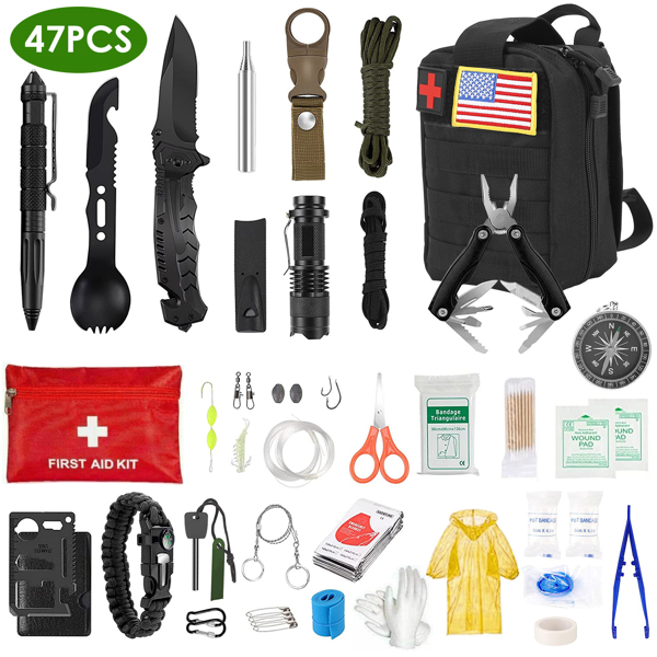  47 in 1 Survival Kits, Gifts for Men, Professional Survival Gear Equipment Tools First Aid Supplies for SOS Emergency Tactical Hiking Hunting Disaster Camping Adventures（No shipments on weekends）