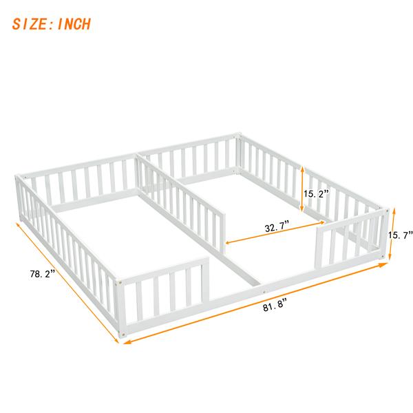 Double Twin Floor Bed with Fence, Guardrails, without door, White