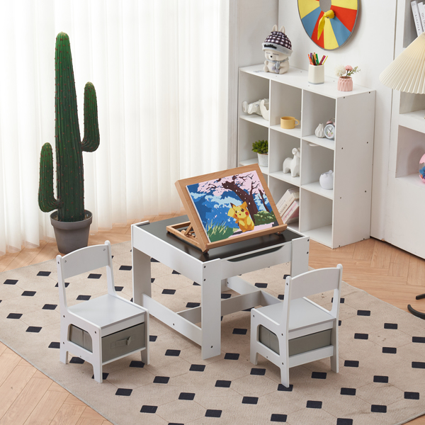 Children's Wooden Table And Chair Set With Two Storage Bags (One Table And Two Chairs) Grey And White