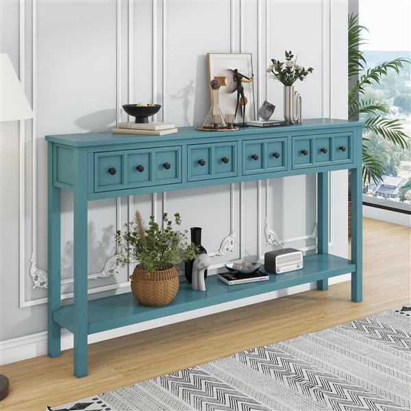 Rustic Entryway Console Table, 60" Long Sofa Table with two Different Size Drawers and Bottom Shelf for Storage (Turquoise Green)