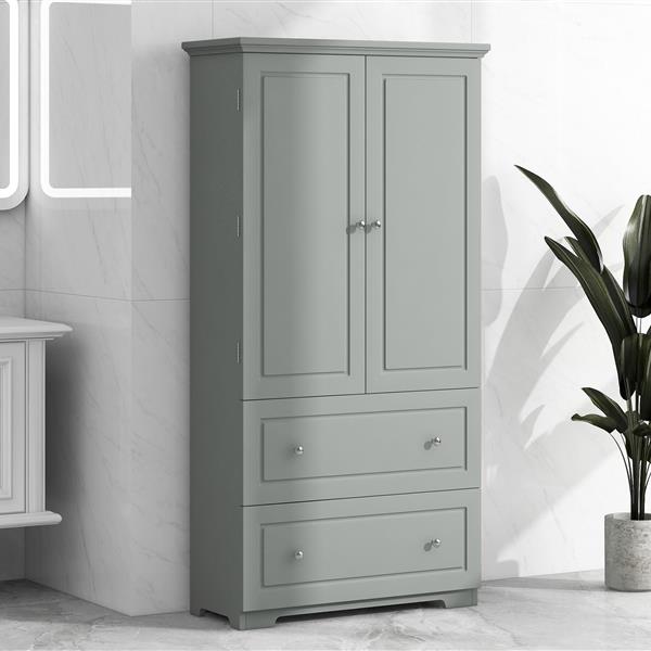 Wide Bathroom Storage Cabinet, Freestanding Storage Cabinet with Two Drawers and Adjustable Shelf, MDF Board with Painted Finish, Grey