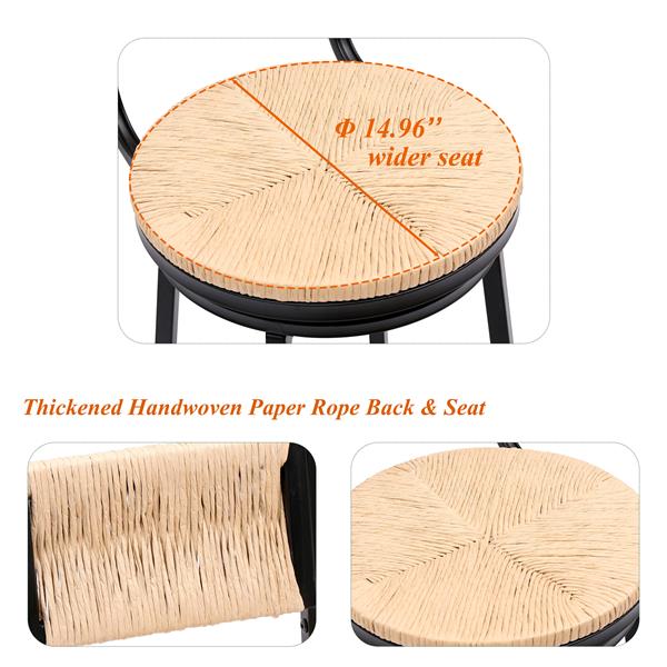 Swivel Bar Stools Paper Rope Handwoven Barstools with Back Set of 2 Rustic Round Counter Chairs for Dining Room, Kitchen Island (Honey)