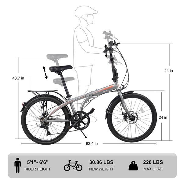 24" Folding City Bike Aluminum Frame 7 Speed Folding Bike