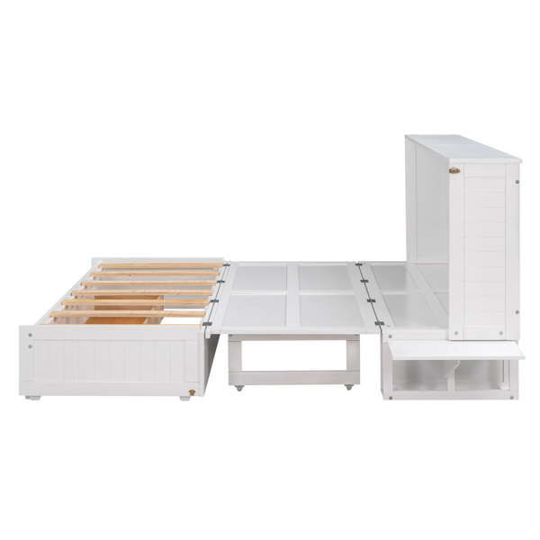 Queen Size Mobile Murphy Bed with Drawer and Little Shelves on Each Side,White 