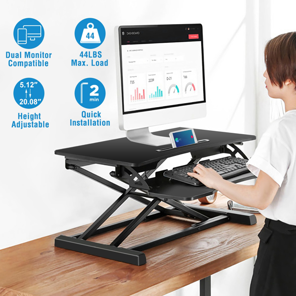  Height Adjustable Standing Desk 31.3” Wide Sit to Stand Converter Stand Up Desk Tabletop Workstation for Laptops Dual Monitor Riser Black