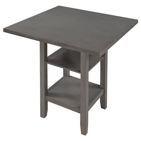 Square Wooden Counter Height Dining Table with 2-Tier Storage Shelving, Gray