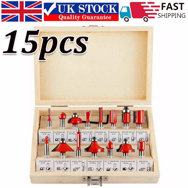 15x Tungsten Carbide Tipped TCT Router Bits 1/4" Shank Sealed Bearing Bit Set UK