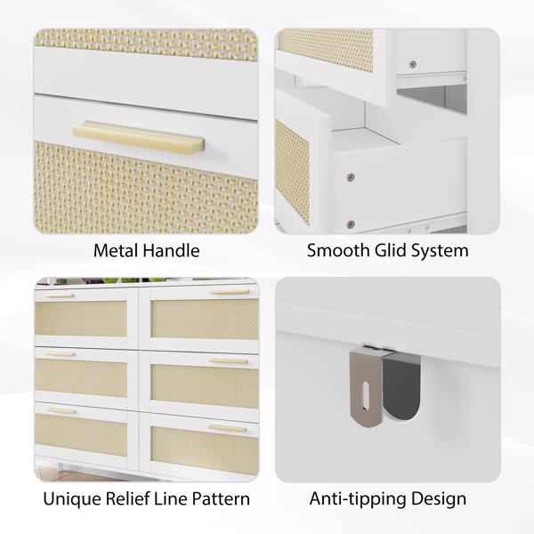 white Rattan 6 Drawers Chest of Dressers for Bedroom Modern 6 Drawer Dresser, Wide Chest of Drawers with Gold Handles, Rattan Dresser Storage Cabinet for Living Room, Bedroom, Hallway 