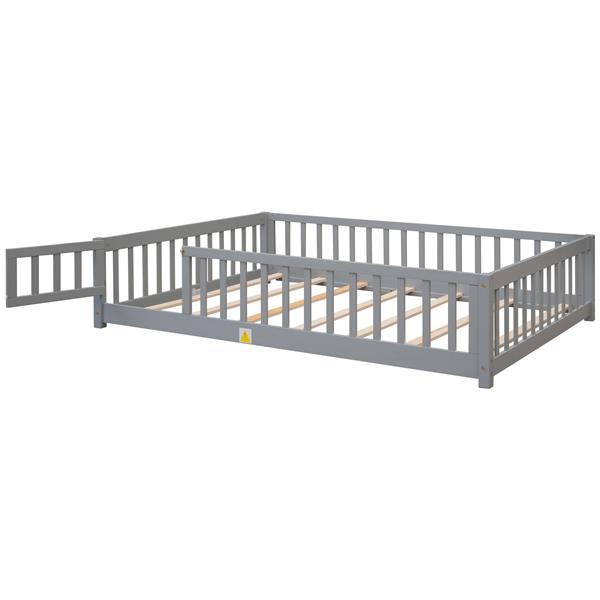 Full size Floor Platform Bed with Fence and Door,Grey