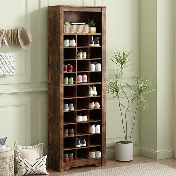 Stylish Design 30 Shoe Cubby Console, Contemporary Shoe Cabinet with Multiple Storage Capacity, Free Standing Tall Cabinet with Versatile Use for Hallway,  Bedroom, Rustic Brown