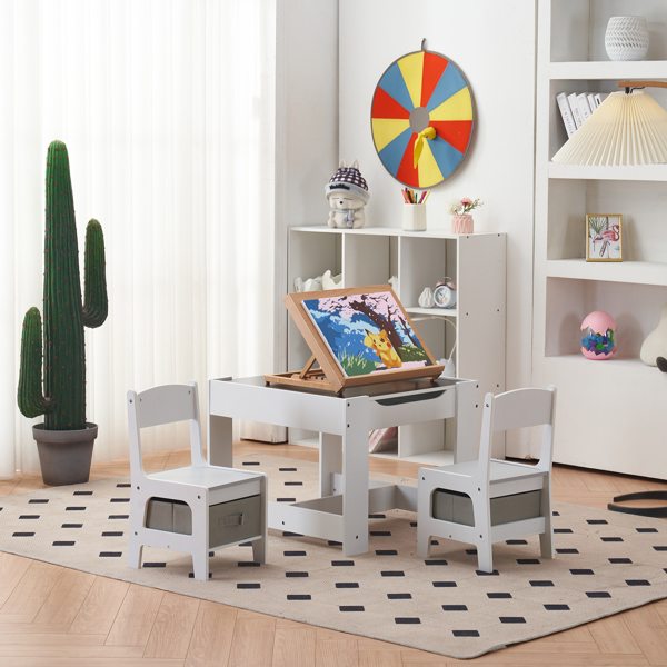 Children's Wooden Table And Chair Set With Two Storage Bags (One Table And Two Chairs) Grey And White