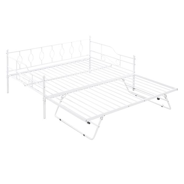 Full Size Metal Daybed with Twin Size Adjustable Trundle, Portable Folding Trundle, White