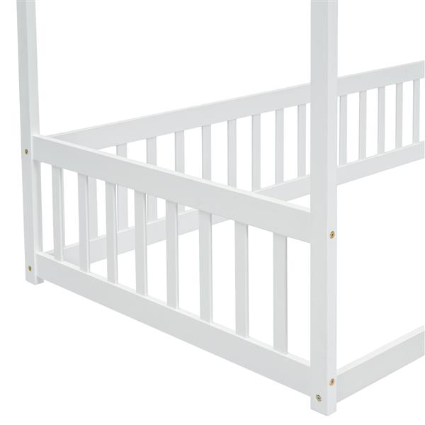 Twin Size Canopy Frame Floor Bed with Fence, Guardrails,White