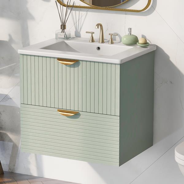 Modern 24-Inch Wall-Mounted Bathroom vanity with 2 Drawers, Green - Ideal for Small Bathrooms