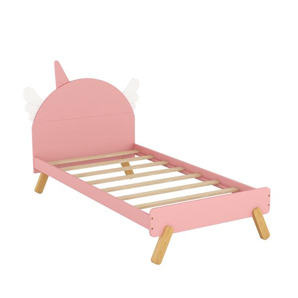 Wooden Cute Bed With Unicorn Shape Headboard,Twin Size Platform Bed,Pink