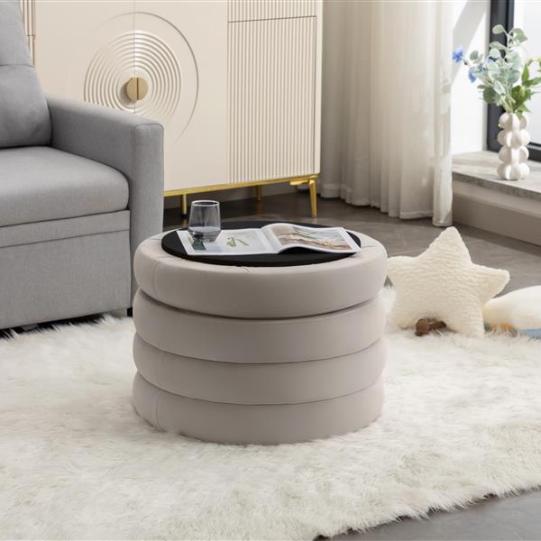 007-Velvet Fabric Storage Round Ottoman Footstool With Wooden Shelving,Light Gray