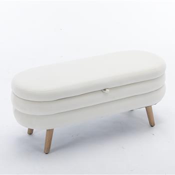 036-Velvet Fabric Storage Bench Bedroom Bench With Wood Legs For Living Room Bedroom Indoor,Ivory