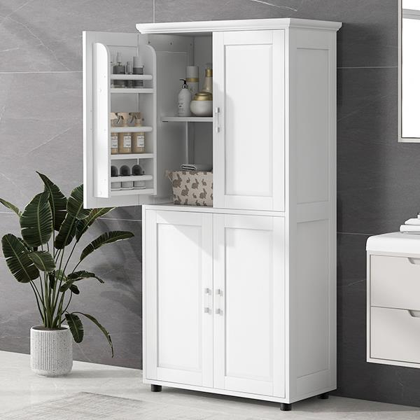 Tall and Wide Bathroom Floor Storage Cabinet, Bathroom Storage Unit, Freestanding Cabinet with 4 Doors, Adjustable Shelves, White