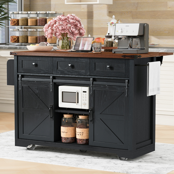 53.7" Farmhouse Kitchen Island with Power Outlet, 2 Sliding Barn Door Kitchen Storage Island with Drop Leaf, Spice Rack Rolling Kitchen Cart on Wheels, for Home, Kitchen and Dining Room, Black