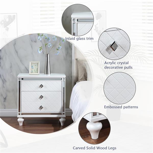 Contemporary Nightstands with mirror frame accents, Bedside Table with two drawers and one hidden drawer, End Table with Crystal Pull for Living Room,Bedroom, White