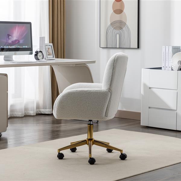 005-Teddy Fabric 360 Swivel Home Office Chair With Gold Metal Base And Universal Wheels,Ivory