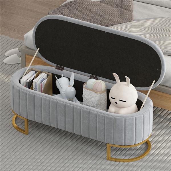 Elegant Upholstered Velvet Storage Ottoman with Button-Tufted,Storage Bench with Metal Legs for Bedroom,Living Room,Fully Assembled Except Legs,Grey