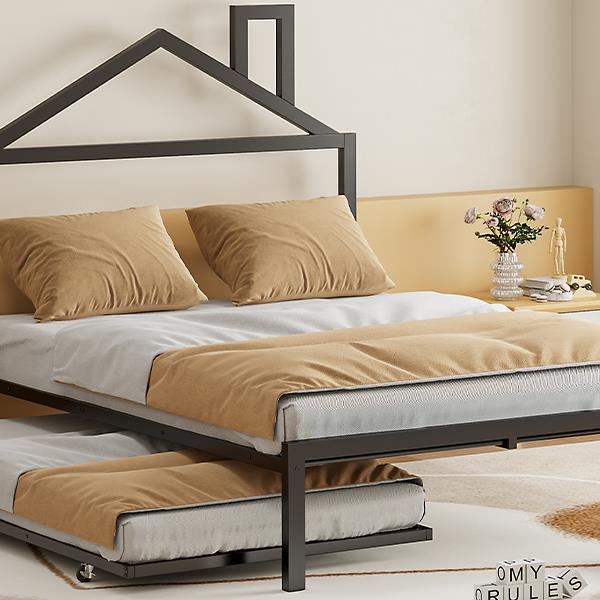 Full Size Metal Platform Bed with twin size trundle,House-Shaped Headboard Design, Black