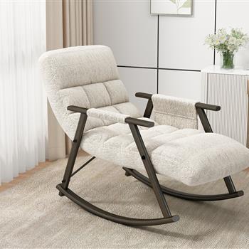 Casual folding rocking chair upholstered, lounge rocking chair adjustable high back and foot rest,side pockets placed in living room bedroom balcony