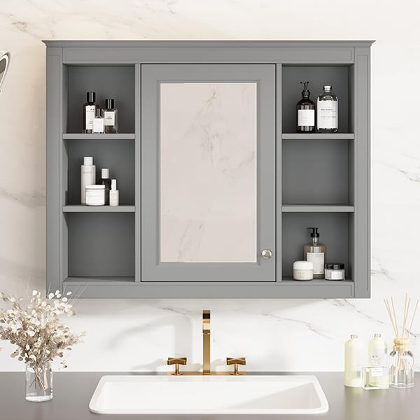 35'' x 27.5'' Medicine Cabinet, Wall Mounted Bathroom Storage Cabinet, Modern Bathroom Wall Cabinet with Mirror, Mirror Cabinet with 6 Open Shelves (Not Include Bathroom Vanity )