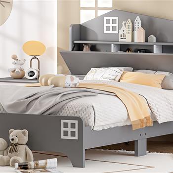 Wooden Twin Size House Bed with Storage Headboard ,Kids Bed with Storage Shelf,Grey