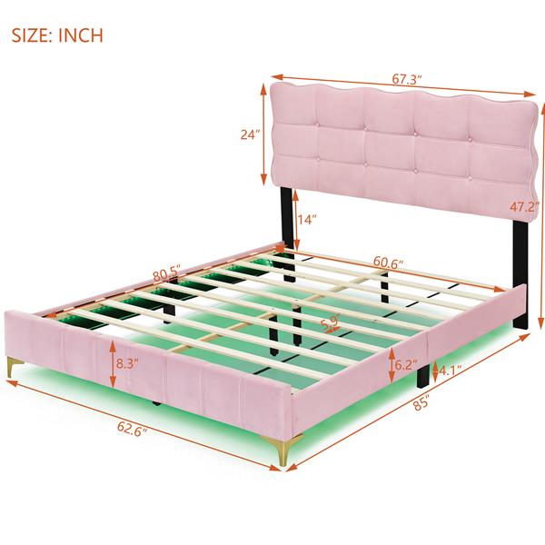 Queen Size Velvet Platform Bed with LED Frame and Stylish Mental Bed Legs, Pink