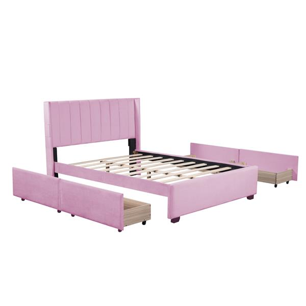 Full Size Upholstered Bed with 4 Drawers, Pink