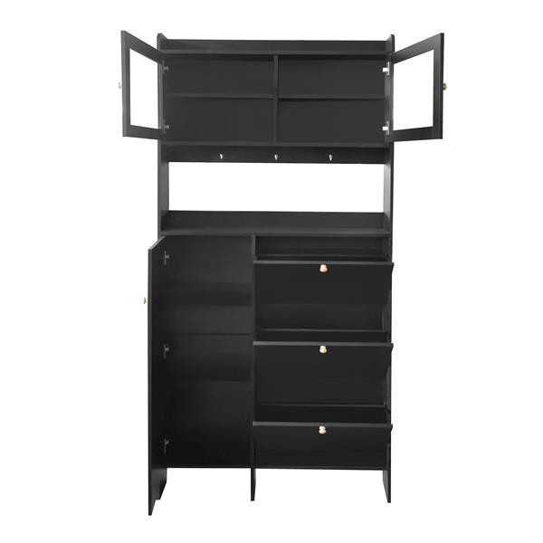 [VIDEO provided] Shoe Cabinet with Open Storage Space, Practical Hall Tree with 3 Flip Drawers, Multi-functional & Integrated Foyer Cabinet with Tempered Glass Doors for Hallway, Black