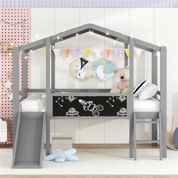 Twin Size Loft Bed with Ladder and Slide, House Bed with Blackboard and Light Strip on the Roof, Gray