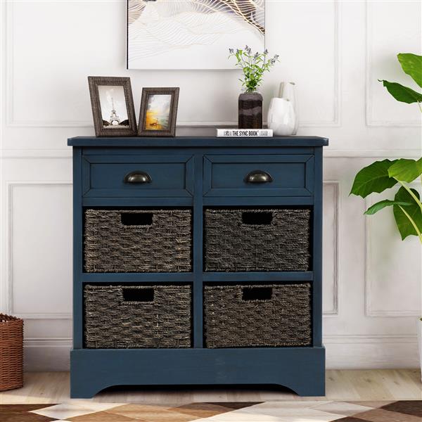 Rustic Storage Cabinet with Two Drawers and Four  Classic Rattan Basket for Dining Room/Entryway/Living Room (Antique Navy)