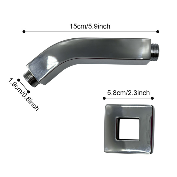 Square Shower Arm with Flange, 1/2 NPT Tapered Threads, Rain Shower Head Arm, Wall Mount Shower Extension Arm 