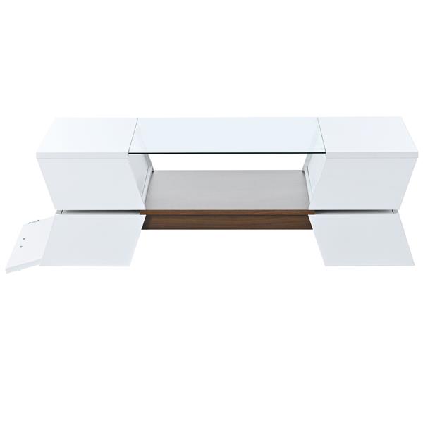 [VIDEO provided] 6mm Glass-Top Coffee Table with Open Shelves and Cabinets, Geometric Style Cocktail Table with Great Storage Capacity, Modernist 2-Tier Center Table for Living Room, White