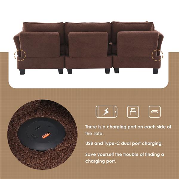 [VIDEO provided] [New] 92*63"Modern Teddy Velvet Sectional Sofa,Charging Ports on Each Side,L-shaped Couch with Storage Ottoman,4 seat Interior Furniture for Living Room, Apartment,3 Colors(3 pillows)