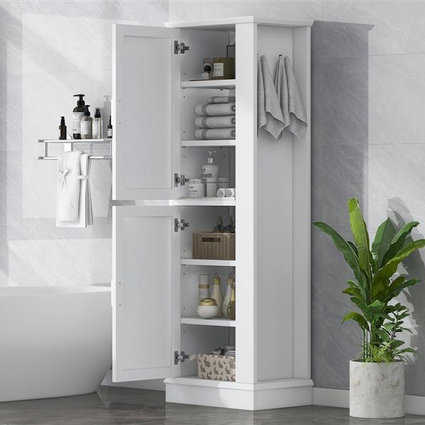 Tall Bathroom Storage Cabinet, Freestanding Storage Cabinet with Hook and Adjustable Shelf, MDF Board, White