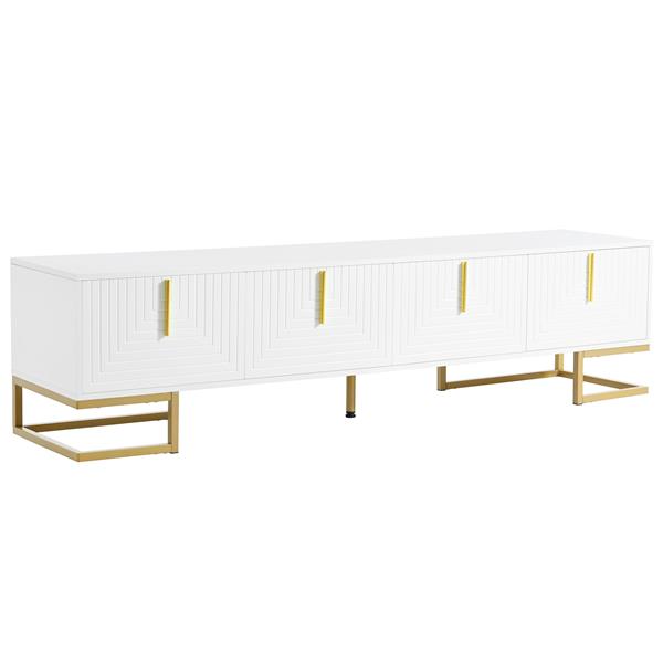 Modern TV Stand with Metal Legs and Gold Handles for TVs Up to 80'', Media Console Table with Cabinets and Adjustable Shelves, Luxury TV Cabinet with Geometric Lines for Living Room, White